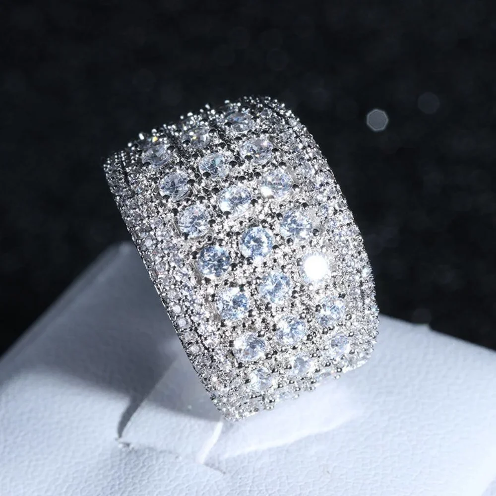 *NEW Silver Round Diamond Pave Wide Band Ring